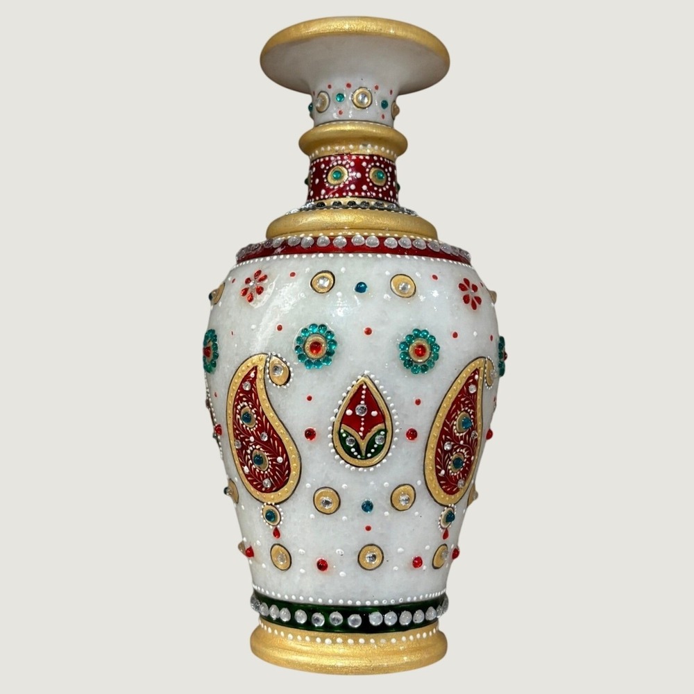 Handmade Marble Vase Decorative Ornate Gold Red Green Gemstone Embellished